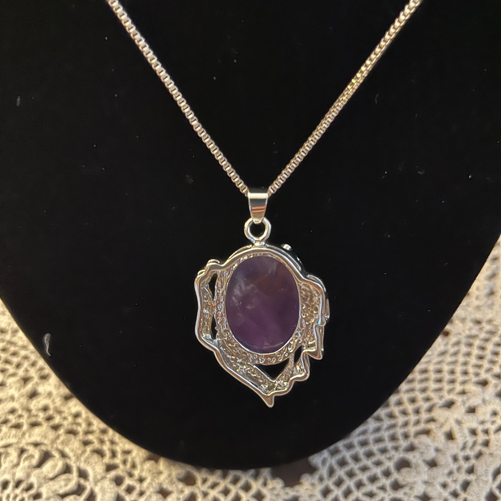 Necklace on long Silvertone  Chain With Deep Purple Stone 22 inches , …